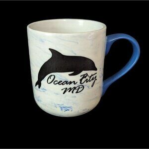 Ocean city MD Maryland mug cup whale dolphin blue‎ white textured souvenir beach